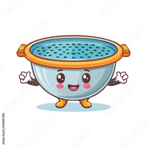 Sink strainer in cute cartoon character style with expressive face and limbs.