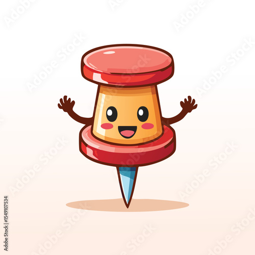 Push pin in cute cartoon character style with expressive face and limbs.