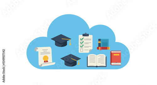 Education and learning vector: books, graduation caps, and diploma for academic success design vector illustration