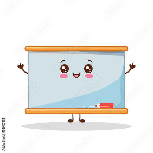 Whiteboard in cute cartoon character style with expressive face and limbs.