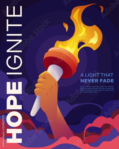 Vector illustration of a hand holding a flaming torch in dark surroundings. Symbol of hope, leadership, and resilience through adversity. Bold, modern, and motivational concept.