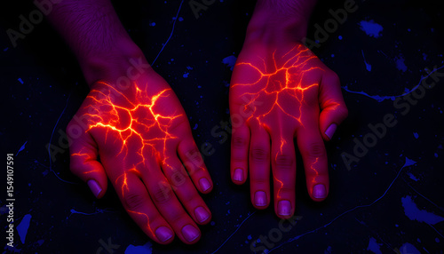 Hands clutching sunburnt skin with glowing cracks on black marble background  