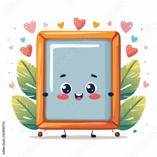 Picture frame in cute cartoon character style with expressive face and limbs.