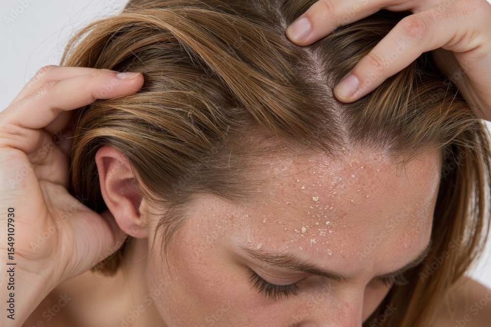 Fototapeta premium Extreme close-up of person vigorously scratching head, revealing long hair covered in dry scalp and dandruff flakes.