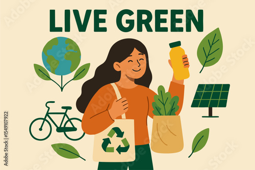 A smiling woman in an orange shirt holds a reusable bottle and eco-bag with greens. Surrounded by leaves, a bike, Earth, and solar panel, with "Live Green" text, promoting eco-living.