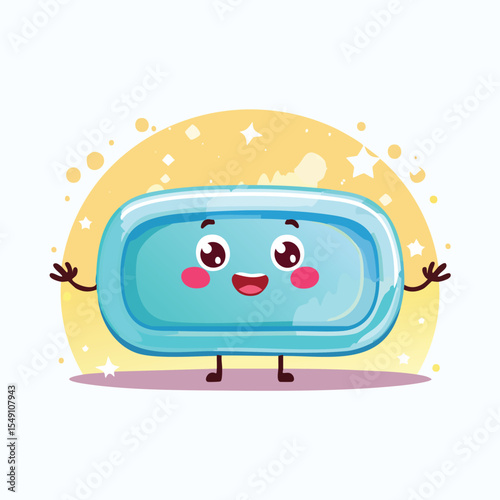 Soap dish in cute cartoon character style with expressive face and limbs.