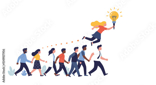 Innovation and leadership concept with diverse team following creative leader vector illustration