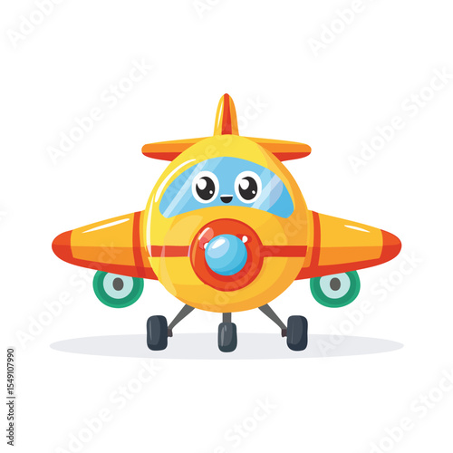 Airplane in cute cartoon character style with expressive face and limbs.