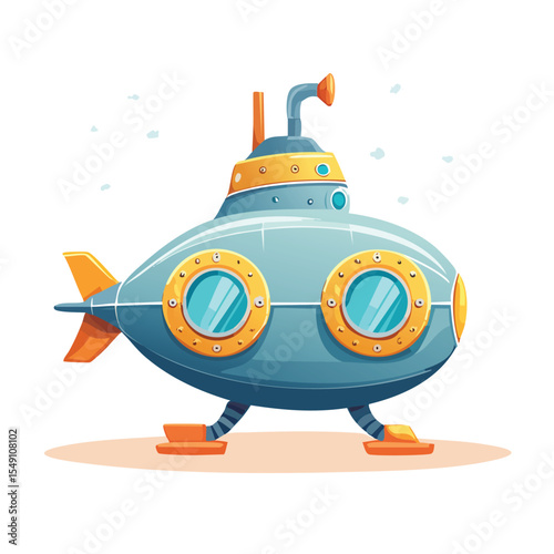 Submarine in cute cartoon character style with expressive face and limbs.
