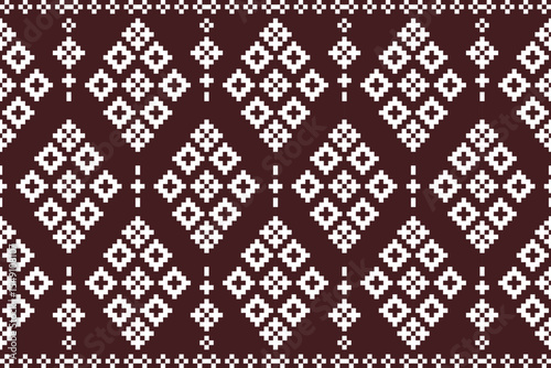 Geometric squares in floral pattern on a dark brown background. Seamless full horizontal pattern.