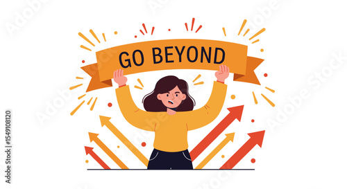 Motivational illustration of woman holding banner with encouraging message for inspiration and success vector illustration