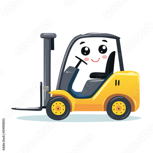 Forklift in cute cartoon character style with expressive face and limbs.