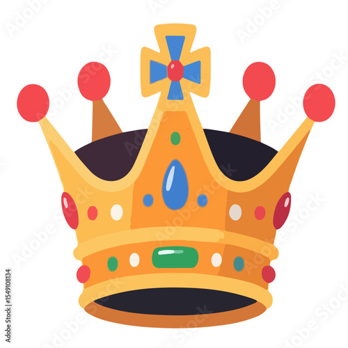 A golden royal crown icon decorated with jewels and a cross, isolated.