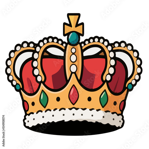 A cartoon illustration of a regal crown icon , adorned with jewels and pearls.