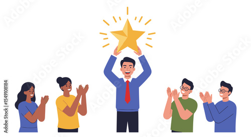 Team recognition celebration with gold star achievement vector illustration
