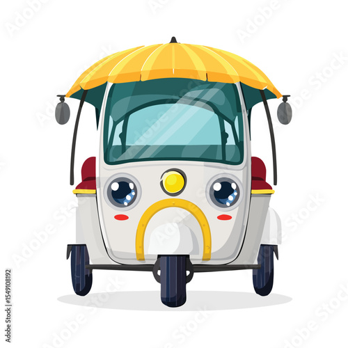Rickshaw in cute cartoon character style with expressive face and limbs.