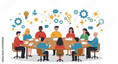 Collaborative team meeting in creative office environment for business strategy vector illustration
