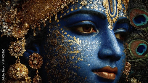 Divine close-up of Krishna with ornate gold jewelry and peacock feathers showcasing Hindu faith and cultural richness.