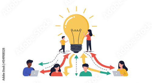 Collaboration and idea sharing concept with diverse team and light bulb illustration vector illustration