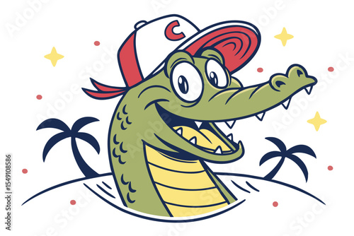 Cartoon alligator wears a ball cap and smiles beside palm trees on a sandy beach