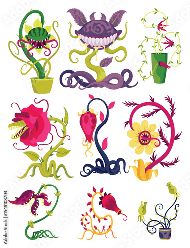 Carnivorous plants set in fantasy design. Cartoon flytraps in pots, plants monsters. Vector flowers predator with teeth isolated on white background