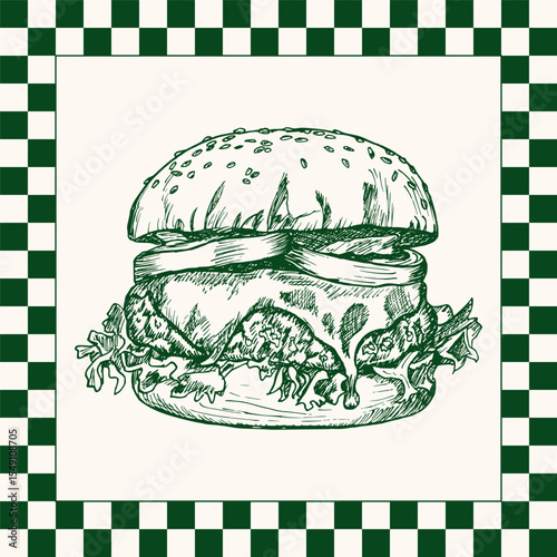 Burger outline sketch illustration drawing in engraving style. Hamburger, burger, fast food hand-drawn vector clipart isolated