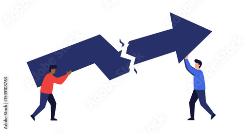 Teamwork concept with people fixing a broken arrow symbolizing collaboration and problem solving vector illustration
