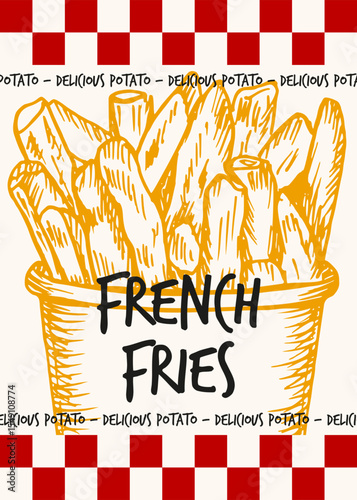 Poster design of french fries, potato chips, fried potato slices. Sketch outline drawing illustration in engraving style. Fast food hand drawn vector clipart isolated