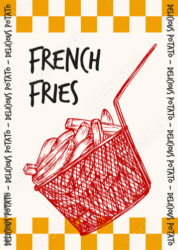 Poster design - french fries in a deep fryer. Fast food hand drawn sketch drawing. Potato chips, fried slices outline drawing illustration in engraving style. Vector clipart isolated