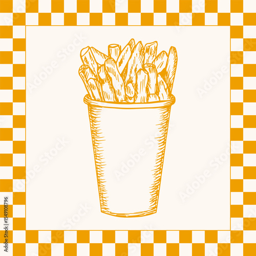 French fries in paper cup sketch drawing illustration. Potato chips, fried slices outline drawing, fast food hand-drawn vector clipart in engraving style isolated
