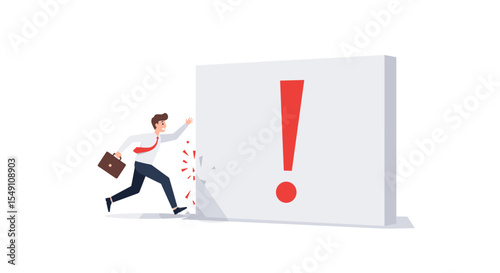 Determined businessman breaking through wall with exclamation mark for problem solving concept vector illustration