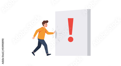 Conceptual illustration of a person facing a wall with an exclamation mark for problem solving and challenge themes vector illustration