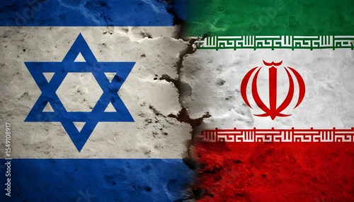 Tensions between Israel and Iran represented through national flags and symbolic elements on a cracked surface Generative AI
