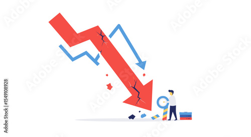 Business failure concept with cracked arrow and worried businessman illustration for economic analysis vector illustration