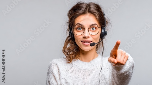 Friendly female customer service representative wea headset pointing forward indoors