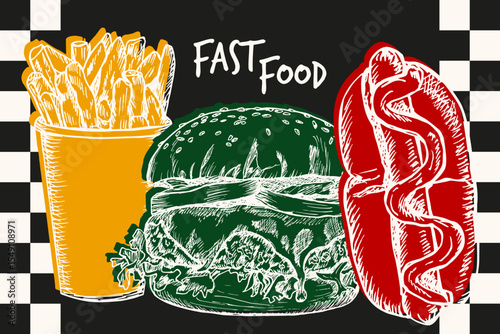 Fast food poster design with sketch illustrations and typography text. Hot dog, burger, french fries in engraving style, outline vector hand drawn clipart isolated