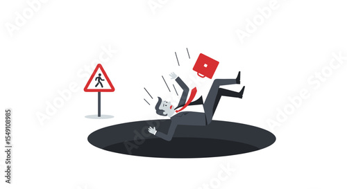 Businessman falling into a hole with caution sign vector illustration for risk management concepts