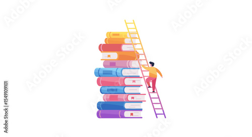 Knowledge climbing concept with person and colorful books stack for educational design vector illustration