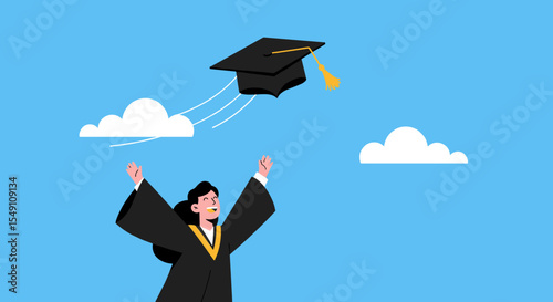 Graduation celebration - happy graduate tossing cap in the air against blue sky background vector illustration