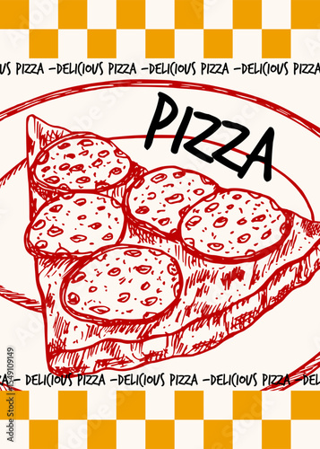 Pizza poster design. Slice of pizza with melting cheese sketch drawing illustration. Outline drawing in engraving style, fast food hand drawn vector clipart isolated