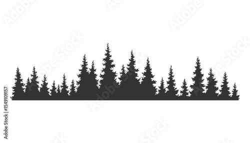 Fir trees silhouette. Coniferous spruce horizontal background pattern, black evergreen woods vector illustration. Beautiful hand drawn panorama of coniferous forest