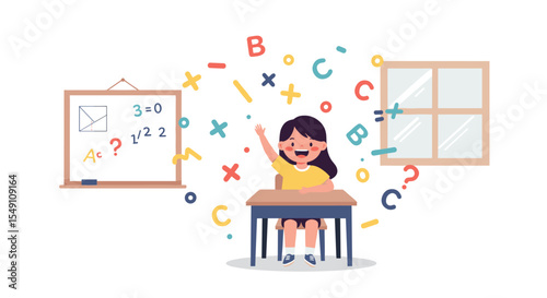 Joyful girl learning math in classroom vector illustration for educational design