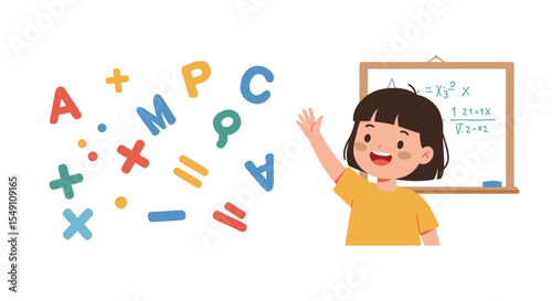 Educational vector illustration of girl learning mathematics with colorful symbols