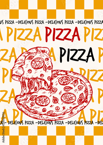 Poster design - slice of pizza with melting cheese.  Sketch outline drawing illustration in engraving style, fast food hand drawn vector clipart isolated