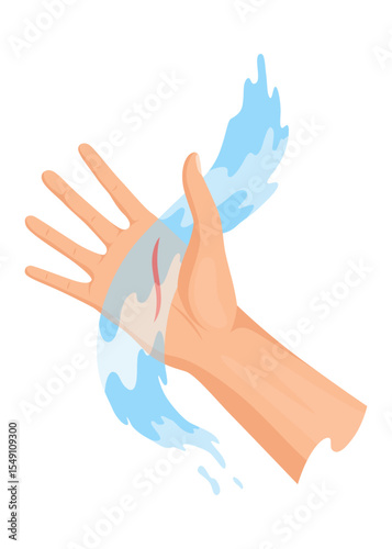 Hands injured skin and procedures of bandaging. First aid for wound. Medicine cure or treatment. First emergency help for human hand trauma