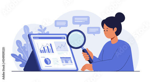 Business analyst reviewing data analytics with charts and graphs for strategy development vector illustration