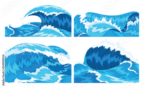 Ocean waves. Four scenes of blue sea or ocean waves with spray, foam on crest. Splash water, marine sea storm element, vector illustration