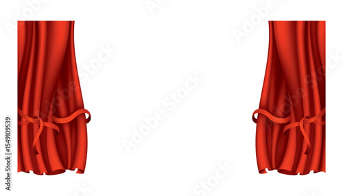 Red curtains realistic. Theater fabric silk decoration for movie cinema or opera hall. Curtains and draperies interior decoration object. Isolated on transparent for theater stage