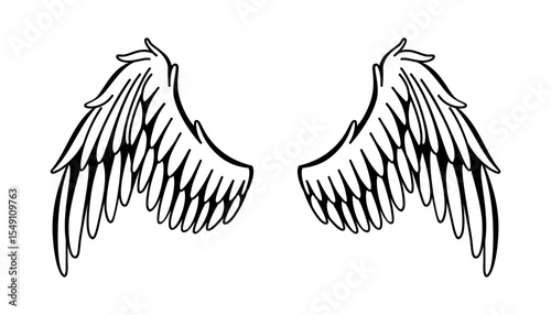 Wings sketch. Stylized birds wings. Hand drawn contoured stiker wing in open position. Vector design elements in coloring style