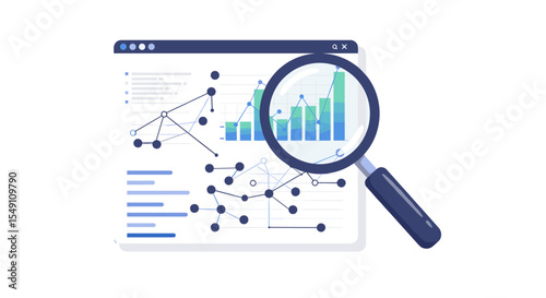 Data analysis concept with magnifying glass and graphs for business insights vector illustration